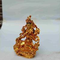 Buddhist Miniature Statue Of Green Tara, [full Gold Plated. Face Painted]