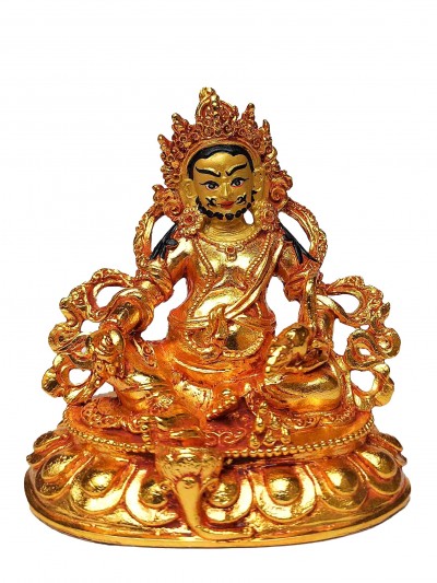 Buddhist Miniature Statue Of Yellow Jambhala, [full Gold Plated. Face Painted]