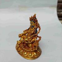 Buddhist Miniature Statue Of Yellow Jambhala, [full Gold Plated. Face Painted]