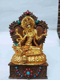 Buddhist Miniature Statue Of Lakshmi With Throne, [full Gold Plated, Face Painted, Stone Setting]