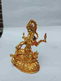 Buddhist Miniature Statue Of Lakshmi With Throne, [full Gold Plated, Face Painted, Stone Setting]