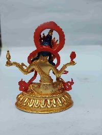 Buddhist Miniature Statue Of Lakshmi With Throne, [full Gold Plated, Face Painted, Stone Setting]