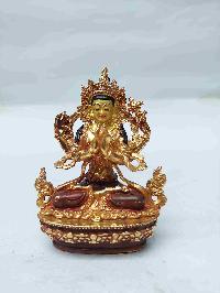 Buddhist Miniature Statue Of Chenrezig With Throne, [partly Gold Plated, Stone Setting, Face Painted]