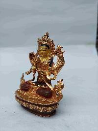 Buddhist Miniature Statue Of Chenrezig With Throne, [partly Gold Plated, Stone Setting, Face Painted]