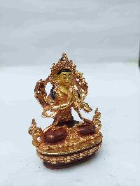 Buddhist Miniature Statue Of Chenrezig With Throne, [partly Gold Plated, Stone Setting, Face Painted]