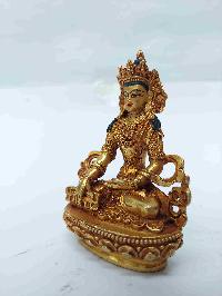 Buddhist Miniature Statue Of Shakyamuni Buddha With Throne, [full Gold Plated, Face Painted, Stone Setting]