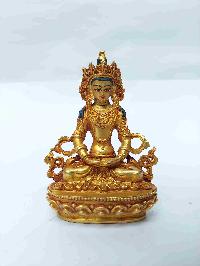 Buddhist Miniature Statue Of Aparimita With Throne, [full Gold Plated, Face Painted, Stone Setting], Amitayus, Chepame