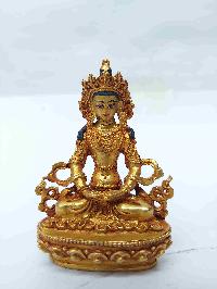 Buddhist Miniature Statue Of Aparimita With Throne, [full Gold Plated, Face Painted, Stone Setting], Amitayus, Chepame