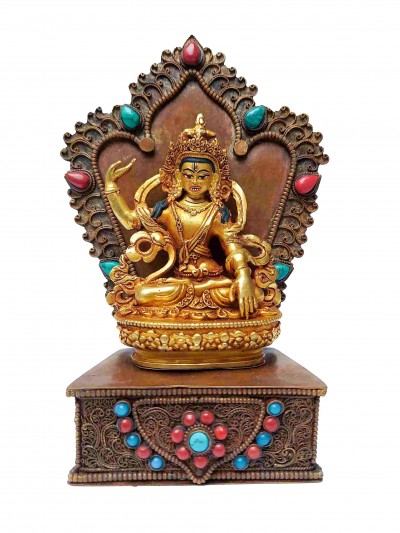 Buddhist Miniature Statue Of Green Tara With Throne, [full Gold Plated, Face Painted, Stone Setting]