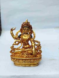 Buddhist Miniature Statue Of Green Tara With Throne, [full Gold Plated, Face Painted, Stone Setting]