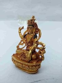 Buddhist Miniature Statue Of Green Tara With Throne, [full Gold Plated, Face Painted, Stone Setting]