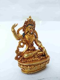 Buddhist Miniature Statue Of Green Tara With Throne, [full Gold Plated, Face Painted, Stone Setting]