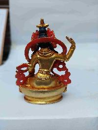 Buddhist Miniature Statue Of Green Tara With Throne, [full Gold Plated, Face Painted, Stone Setting]