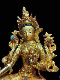 Buddhist Handmade Statue Of Green Tara, [full Fire Gold Plated, Stone Setting, Face Painted]