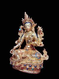 Buddhist Handmade Statue Of Green Tara, [full Fire Gold Plated, Stone Setting, Face Painted]