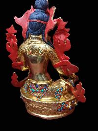 Buddhist Handmade Statue Of Green Tara, [full Fire Gold Plated, Stone Setting, Face Painted]