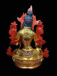 Buddhist Handmade Statue Of Green Tara, [full Fire Gold Plated, Stone Setting, Face Painted]