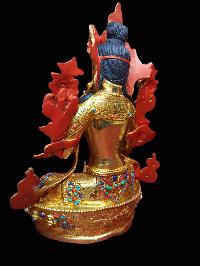 Buddhist Handmade Statue Of Green Tara, [full Fire Gold Plated, Stone Setting, Face Painted]