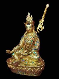 Buddhist Handmade Statue Of Padmasambhava [guru Rinpoche], [full Fire Gold Plated, Stone Setting, Face Painted]