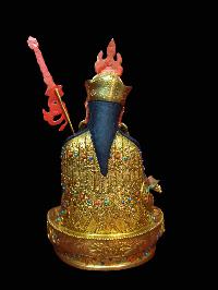 Buddhist Handmade Statue Of Padmasambhava [guru Rinpoche], [full Fire Gold Plated, Stone Setting, Face Painted]