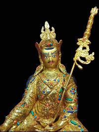 Buddhist Handmade Statue Of Padmasambhava [guru Rinpoche], [full Fire Gold Plated, Stone Setting, Face Painted]