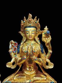 Buddhist Handmade Statue Of Chenrezig, [full Fire Gold Plated, Stone Setting, Face Painted]