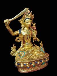 Buddhist Handmade Statue Of Manjushri, [full Fire Gold Plated, Stone Setting, Face Painted]