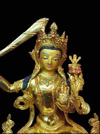 Buddhist Handmade Statue Of Manjushri, [full Fire Gold Plated, Stone Setting, Face Painted]