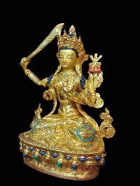 Buddhist Handmade Statue Of Manjushri, [full Fire Gold Plated, Stone Setting, Face Painted]