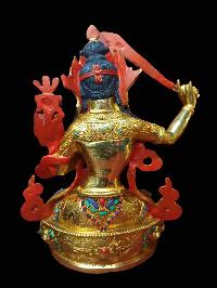 Buddhist Handmade Statue Of Manjushri, [full Fire Gold Plated, Stone Setting, Face Painted]