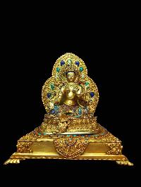 Buddhist Handmade Statue Of Green Tara Sitting On A Throne, [full Gold Plated, Stone Setting, Face Painted]