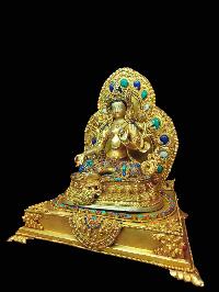 Buddhist Handmade Statue Of Green Tara Sitting On A Throne, [full Gold Plated, Stone Setting, Face Painted]