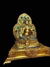 Buddhist Handmade Statue Of Green Tara Sitting On A Throne, [full Gold Plated, Stone Setting, Face Painted]