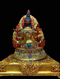 Buddhist Handmade Statue Of Green Tara Sitting On A Throne, [full Gold Plated, Stone Setting, Face Painted]