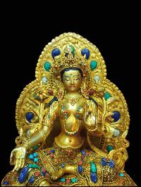 Buddhist Handmade Statue Of Green Tara Sitting On A Throne, [full Gold Plated, Stone Setting, Face Painted]