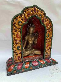 Buddhist Handmade Statue Of White Tara, [full Gold Plated, Stone Setting, Face Painted] With Wooden Altar