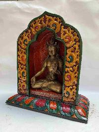 Buddhist Handmade Statue Of White Tara, [full Gold Plated, Stone Setting, Face Painted] With Wooden Altar