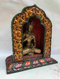 Buddhist Handmade Statue Of Vajrasattva, [full Gold Plated, Stone Setting, Face Painted] With Wooden Altar