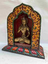 Buddhist Handmade Statue Of Vajrasattva, [full Gold Plated, Stone Setting, Face Painted] With Wooden Altar