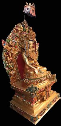 Buddhist Handmade Statue Of Crown Shakyamuni Buddha On Throne, [full Gold Plated, Stone Setting, Face Painted]