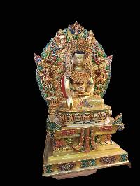 Buddhist Handmade Statue Of Crown Shakyamuni Buddha On Throne, [full Gold Plated, Stone Setting, Face Painted]