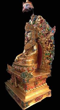 Buddhist Handmade Statue Of Crown Shakyamuni Buddha On Throne, [full Gold Plated, Stone Setting, Face Painted]