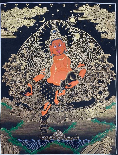Buddhist Handmade Thangka Painting Of Yellow Jambhala, [real Gold, Hand Painted]