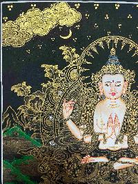 Buddhist Handmade Thangka Painting Of Chenrezig, Avalokiteshvara [real Gold, Hand Painted]