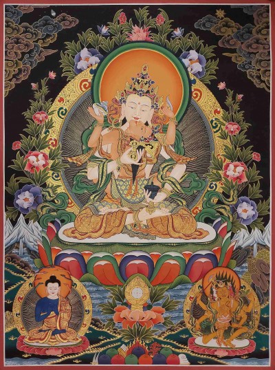 Buddhist Handmade Thangka Of Vajrasattva With Consort, [shakti], Yab-yum, [real Gold, Hand Painted]