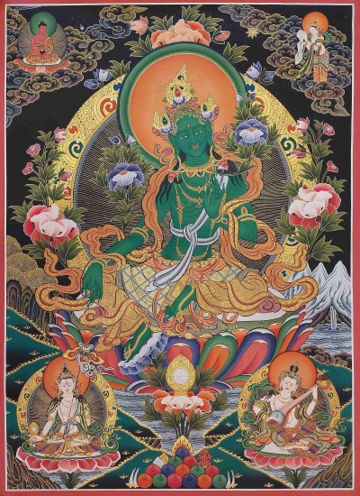 Buddhist Handmade Thangka Of Green Tara, [real Gold, Hand Painted]