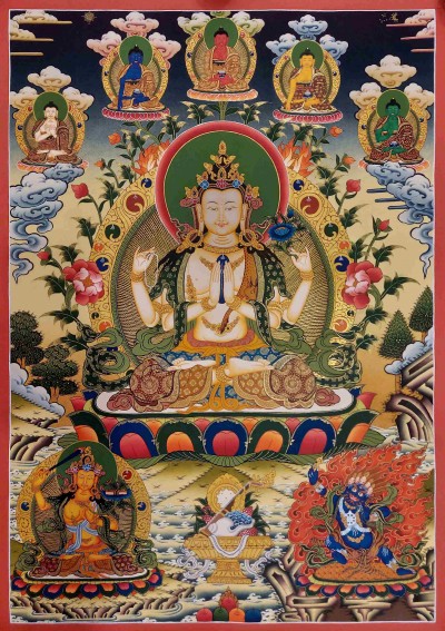 Buddhist Handmade Thangka Of Chenrezig, [real Gold, Hand Painted], Real Gold, Three Great Bodhisattvas
