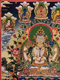 Buddhist Handmade Thangka Of Chenrezig, [real Gold, Hand Painted], Real Gold, Three Great Bodhisattvas