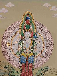 [karma Gadri Art Style], Buddhist Handmade Thangka Of Sahasrabhuja Avalokitesvara, [hand Painted], Real Gold