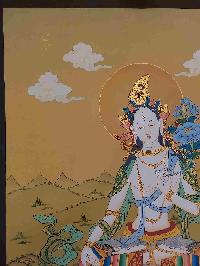 [karma Gadri Art Style], Buddhist Handmade Thangka Of White Tara, [hand Painted], Real Gold